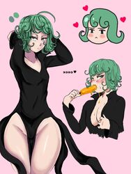 1girls bored curly_hair cute eyelashes female fionnabunny fringe green_eyes green_hair ice_cream licking_popsicle looking_at_viewer one-punch_man oral oral_insinuation pale_skin popsicle short_hair shy skinny tatsumaki teenager