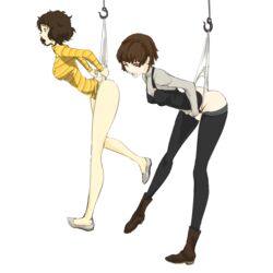 2girls ass double_wedgie endured_face fully_clothed half-dressed hanging_wedgie hook makoto_niijima ozkh pain panty_pull pantyhose persona persona_5 persona_5_royal rope sadayo_kawakami shocked wedgie white_background white_panties