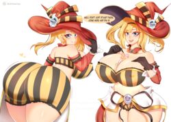 1girls alternate_ass_size alternate_breast_size ass ass_in_dress back_view big_ass big_breasts breasts candy cleavage commission commission_art female female_only front_view granblue_fantasy halloween halloween_costume heart huge_ass huge_breasts large_ass large_breasts looking_at_viewer nipples solo solo_female speech_bubble startop thick_thighs twintails watermark witch_hat yellow_hair zeta_(granblue_fantasy)