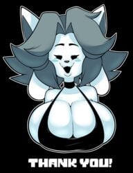 1girls absurd_res anthro big_breasts black_hair breasts bursting_breasts bust_portrait busty choker clothing dongitos english english_text female female_only furry grey_hair hair hi_res huge_breasts jewelry mammal necklace overflowing_breasts sharp_teeth shirt simple_background solo solo_female tagme tank_top teeth tem temmie_(undertale) text topwear undertale video_games white_body