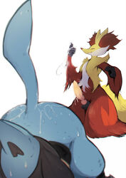 after_sex ambiguous_fluids ambiguous_gender animal_genitalia animal_penis anthro anthro_on_anthro ass balls bent_over black_body black_fur blue_body blue_fur bodily_fluids canid canine canine_penis cheek_tuft delphox depth_of_field dodudoru duo erection facial_tuft finger_claws fur genitals hi_res inner_ear_fluff knot lucario male male/ambiguous mammal multicolored_body multicolored_fur nintendo penis pink_penis pokemon pokemon_(species) raised_tail red_body red_fur red_nose shaded simple_background sweat tuft video_games white_background white_body white_fur yellow_body yellow_fur yellow_penis