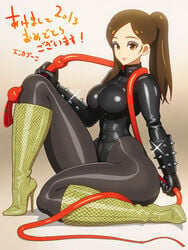 1girls 2d bdsm bodysuit bondage boots bound brown_hair corset dominatrix elbow_gloves enkaboots gloves high_heel_boots high_heels highres leather leather_boots leotard original pantyhose ponytail shoes snakeskin_clothing snakeskin_print solo thick_thighs thighs translation_request whip wide_hips yellow_eyes