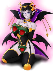 2011 arm_warmers bare_shoulders bat_wings black_hair black_wings blue_eyes bodysuit bracer breasts demon demon_girl demon_wings detached_collar digimon digimon_xros_wars eyeshadow female female_focus garter_straps gattai_lilithmon hair_bun hair_ornament high_collar highres horns kneeling large_breasts leotard lilithmon lingerie lipstick makeup mouya multi_wing nail_polish pointy_ears purple_lipstick seven_great_demon_lords smile succubus thighhighs thighs underwear wings