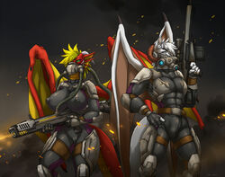 anthro armor blonde_hair breasts bulge clothed clothing detailed_background dragon duo female flamethrower fur gas_mask genitals green_eyes grey_eyes hair hi_res holding_object holding_weapon horn link2004 male mask muscular muscular_anthro muscular_male nipple_outline nipples pussy ranged_weapon red_body rilfe weapon white_body white_fur white_hair yellow_eyes