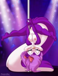 2020 accessory anthro areola blue_sclera breasts clitoris creamytea dancing digital_media_(artwork) eyelashes female fifi_la_fume genitals hair hair_accessory hair_ribbon hairbow hi_res looking_at_viewer mammal mephitid narrowed_eyes nipples pink_nose pole pole_dancing purple_eyes purple_hair pussy ribbons skunk smile solo splits stripper_pole text tiny_toon_adventures upside-down upside-down_splits url warner_brothers