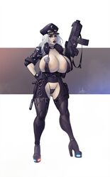 1girls big_breasts breasts cleavage clothing devil_hs female female_only firearm footwear goth goth_cop goth_girl handwear headgear huge_breasts human large_breasts looking_at_viewer panties pubic_hair pubic_hair_peek solo weapon