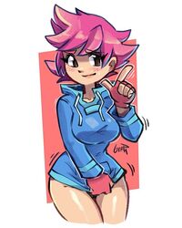 1girls bare_legs big_breasts covering covering_crotch earthbound female gerph hoodie kumatora mother_(series) mother_3 nintendo no_pants pink_hair solo source_request tagme thighs