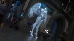 1girls 3d angel_wings blue_eyes blue_hair blue_skin clothing female female_only halloween_costume high_heels legwear looking_in_mirror night_elf reina_(rendduzit) solo_female standing stockings world_of_warcraft zentaeron