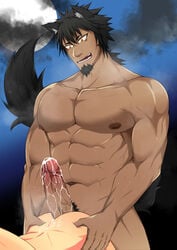 2boys animal_ears bara barazoku bare_back big_breasts big_dom_small_sub big_muscles big_penis cum cum_in_ass cum_on_body dark-skinned_male grin grinning halloween kiiru114 leaking leaking_cum leaking_precum male male_focus male_only muscles muscular muscular_male night outdoors penis smaller_male werewolf wolf_ears