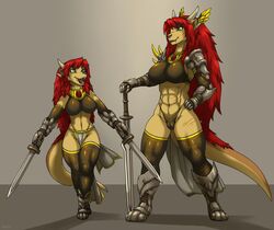 age_progression anthro armor blue_eyes breasts cameltoe claws clothed clothing dragon fangs felid female genitals green_eyes hair heterochromia hi_res holding_object holding_weapon horn hybrid link2004 lion mammal melee_weapon model_sheet muscular muscular_anthro muscular_female open_mouth open_smile pantherine partially_clothed red_hair scar simple_background smile sword tongue weapon yellow_body young