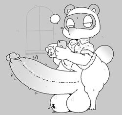 2020 animal_crossing anthro balls big_balls big_penis canid canine clothing genitals huge_cock hyper hyper_genitalia hyper_penis looking_away male male_only mammal monochrome nintendo penis phone raccoon_dog sailewder simple_background solo tanuki thick_thighs tom_nook video_games