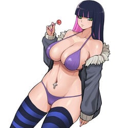 1girls big_breasts bikini blue_hair breasts cleavage donburikazoku female female_only goth green_eyes large_breasts lollipop long_hair looking_at_viewer multicolored_hair navel_piercing panty_&_stocking_with_garterbelt piercing pink_hair seductive simple_background solo solo_female stocking_anarchy thighhighs thighs two_tone_hair white_background