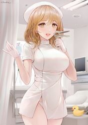 blonde_hair chowbie dress duck gloves headwear large_breasts latex_gloves looking_at_viewer medium_hair nurse nurse_cap nurse_uniform open_mouth open_smile panties smile thick_thighs thighs white_dress white_panties yellow_eyes