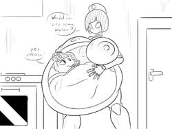 1boy 1girls android huge_belly huge_breasts living_machine mr.casino nude nurse nurse_uniform robot_girl safe_vore sketch unbirthing vore worried