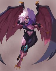 3_eyes bird_feet black_body blue_eyes blue_lips demon demon_girl demon_wings eye_markings female female_only forehead_eye glowing_eyes grey_background heterochromia konami lightsource looking_at_viewer messy_hair multi_eye muscular_female muscular_thighs open_mouth orange_eyes pink_body purple_hair sharp_claws simple_background smile solo solo_female thick_thighs two_tone_body two_tone_hair very_high_resolution white_hair wings yellow_nails yu-gi-oh! yu-gi-oh!_gx yubel