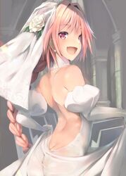 1boy 2018 arched_back ass ass_cleavage astolfo_(fate) back backless_dress bare_back bare_shoulders braid bride butt_crack clothed clothing crossdressing dress_lift elbow_gloves eyebrows_visible_through_hair fangs fate/grand_order fate_(series) femboy femboy_bride flower gloves hair_flower halterneck happy holding_dress indoors long_hair long_ponytail looking_at_viewer looking_back male male_bride male_only open_mouth p_answer pink_hair ponytail purple_eyes rose single_braid smile solo standing tongue trap trap_bride veil wedding wedding_dress white white_dress white_flower