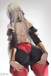 1girls ass ass_focus back back_view bare_back bare_shoulders big_ass black_shorts blue_ribbon bracelet butt_crack commentary_request detached_sleeves dutch_angle edelgard_von_hresvelg facing_away female fire_emblem fire_emblem:_three_houses from_behind garreg_mach_monastery_uniform gradient gradient_background hair_ribbon hand_under_clothes hand_under_shorts highres jewelry leggings legwear_under_shorts long_hair lxkate nail_polish nintendo pantyhose red_legwear ribbon shorts signature simple_background skorts solo white_hair