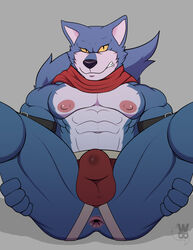 abs angry anthro anus ass bergamo bodily_fluids bulge canid canine canis clothing cum cum_through_clothing dragon_ball dragon_ball_super fur genital_fluids grey_body grey_fur hi_res jockstrap male male_only mammal muscular muscular_anthro muscular_male nipples pecs precum presenting presenting_anus solo spread_legs spreading underwear wet wet_clothing wolf wolfybuns