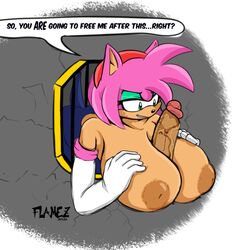 amy_rose amy_the_bat anthro armwear big_breasts boobjob breasts clothing duo elbow_gloves english_text eyeshadow female flamez genitals gloves handwear huge_breasts makeup male nipples paizuri penis rouge_the_bat_(cosplay) sex sonic_(series) speech_bubble straight stuck text through_wall