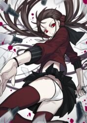 ass below_view blood danganronpa danganronpa_v3 harukawa_maki knife knives pale-skinned_female pale_skin panties pantyshot red_eyes red_thighhighs school_uniform straight_hair thighhighs twintails upskirt white_panties