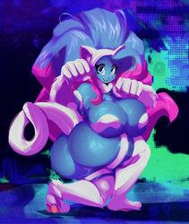 alien_girl animal_hands animal_legs ass big_ass big_breasts big_butt blue_hair blue_skin cat_ears cat_tail cosplay darkstalkers felicia felicia_(cosplay) felicia_(darkstalkers) huge_ass huge_breasts huge_butt large_breasts looking_at_viewer looking_back original riendonut thick_thighs