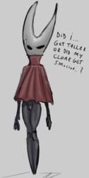 anthro arthropod black_body bodily_fluids cloak clothed clothing dialogue female genitals hi_res hollow_knight hornet_(hollow_knight) insects pussy solo sweat sweatdrop team_cherry text vessel_(species) video_games yamagah