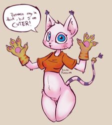 anthro arm_tuft blue_eyes bottomless butt_from_the_front cheek_tuft clothed clothing comic dialogue digimon digimon_(species) domestic_cat elbow_tufts facial_tuft felid feline felis female fur gatomon genitals gloves handwear hi_res jewelry mammal open_mouth pink_body pink_fur pussy simple_background solo tail_jewelry tail_ring talking_to_viewer thick_thighs thigh_gap topwear topwear_only tsuraipossum tuft white_body