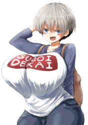 2b213 arm_behind_head arm_up bag blue_eyes blush bookbag breasts commentary_request denim female highres huge_breasts jeans large_breasts looking_at_viewer pants raglan_sleeves short_hair silver_hair simple_background solo sugoi_dekai thick_thighs thighs uzaki-chan_wa_asobitai! uzaki_hana white_background wide_hips