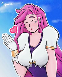 big_breasts blowing_kiss breasts ear female_only gloves league_of_legends long_hair pink_hair purple_hair riot_games seraphine_(league_of_legends) sky star tejorooj