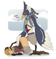 alexooru anal anthro ass avian balls blush breath_of_the_wild clothed clothing duo english_text erection gay genitals hi_res humanoid hylian link male male/male male_penetrated male_penetrating male_penetrating_male nintendo pants_down partially_clothed penetration penis revali rito sex talons text the_legend_of_zelda video_games yaoi