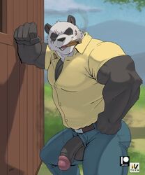 1boy 2020 anthro balls beastars belt big_muscles black_sclera bottomwear cigar clothing denim denim_bottomwear denim_clothing detailed_background dress_shirt flaccid genitals giant_panda gouhin hi_res humanoid_genitalia humanoid_penis jeans looking_at_viewer male male_only mammal muscular muscular_anthro muscular_male nexus open_mouth open_smile outside pants penis poking_out scar shirt smile smoking solo standing teeth topwear ursid