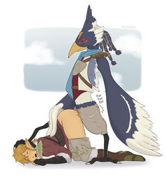 alexooru anal anthro avian beak blonde_hair blue_body blue_feathers blush breath_of_the_wild clothed clothing duo feathers gay hair hi_res human human_on_anthro humanoid hylian interspecies link male male/male male_penetrated male_penetrating male_penetrating_male mammal nintendo pants_down partially_clothed penetration revali rito sex talons the_legend_of_zelda video_games yaoi