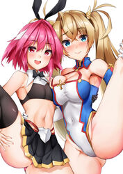 1boy 1girls astolfo_(fate) astolfo_(saber)_(fate) bangs bare_shoulders black_bow black_skirt blonde_hair blue_eyes blush bow bowtie bradamante_(fate) braid breast_press breasts cleavage cousins covered_navel elbow_gloves fate/grand_order fate_(series) female femboy french_braid gloves hair_between_eyes hair_intakes highleg highleg_leotard large_breasts leg_lift leg_up leotard long_hair looking_at_viewer midriff multicolored_hair navel open_mouth otoko_no_ko panties pink_hair pink_panties purple_eyes sezoku short_hair skirt smile splits standing standing_on_one_leg streaked_hair thighs trap twintails underwear vertical_splits