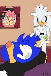 absurd_res amy_rose anthro balls being_watched blush breasts clothing female flamez footwear genitals group group_sex hand_on_head handwear hi_res hot_dogging looking_at_another male male/male mostly_nude nipples oral penis phone sex shadow_the_hedgehog silver_the_hedgehog sonic_(series) sonic_the_hedgehog sonic_the_hedgehog_(series) spitroast