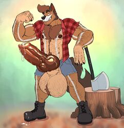 absurd_res animal_genitalia animal_penis anthro axe balls big_balls big_penis bodily_fluids body_hair boots bottomwear canid canine canine_penis canis chest_tuft clothing flit footwear genital_fluids genitals hi_res huge_balls huge_cock hyper hyper_balls hyper_genitalia hyper_penis lumberjack male male_only mammal melee_weapon muscular muscular_anthro muscular_male penis plaid_shirt pompadour pose precum shorts solo stripes tree_stump tuft weapon wolf