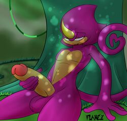 anthro balls big_penis blush espio_the_chameleon flamez genitals hi_res huge_cock male male_only masturbation nude outside penis solo sonic_(series) sonic_the_hedgehog_(series)