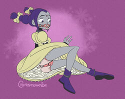 1girls 2018 bloomers bloomers_(victorian) bondage chastity chastity_belt chromosomefarm collar dc diaper dress female female_chastity female_only forehead_jewel gag pacifier pacifier_gag pale_skin purple_eyes purple_hair raven_(dc) shackles teen_titans twintails watermark