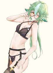 1girls absurd_res black_bra black_panties black_underwear blu1712 blue_streak blush bra breasts cat_ears choker female female_only game_character garter_belt garter_straps garters genshin_impact glasses green_hair hourglass_figure hoyoverse lace lace-trimmed_bra lace_panties light-skinned_female light_skin lingerie mihoyo navel plain_background skinny small_breasts solo sucrose_(genshin_impact) thighhighs tied_hair underwear wink yellow_eyes