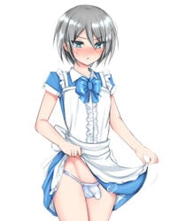 1boy blue_eyes blue_panties bulge crossdressing embarrassed femboy heavy_blush lifted_by_self maid momoyama panties penis small_penis solo thighhighs thong trap upskirt yaoi