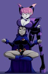 2girls alternate_breast_size breasts cartoon_network dc dc_comics female female_only hand_on_hip huge_breasts jinx_(dc) multiple_girls pink_eyes pink_hair purple_hair rachel_roth raven_(dc) ravenravenraven teen_titans