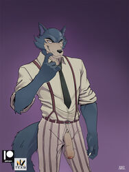 2020 3:4 anthro beastars belt big_penis bite bottomwear canid canine canis clothing dress_shirt finger_bite finger_fetish finger_in_mouth finger_play fingers flaccid foreskin genitals gradient_background hi_res humanoid_genitalia humanoid_penis legoshi_(beastars) looking_at_viewer male male_only mammal necktie nexus pants penis poking_out purple_background shirt simple_background smile smirk solo standing suspenders topwear uncut wolf