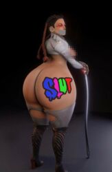 apex_legends ass ass_focus ass_writing big_ass body_writing boots bottom_heavy braids cane censored censored_breasts crop_top duct_tape edit female gag gagged graffiti huge_ass hyper_ass hyper_thighs large_ass loba_(apex_legends) long_ass mosaic_censoring nipple_censor rear_view red_hair solo spray_paint standing tape tape_gag taped_mouth thick_thighs thigh_boots thighhighs thighs twin_braids walking_stick