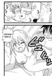 1boy 1girls chelia_blendy comic cum cum_in_pussy cumming dmayaichi fairy_tail female hair_down male monochrome pleasure_face romeo_conbolt sweat sweating