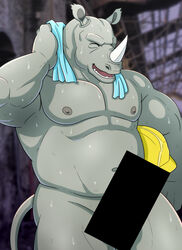 anthro armor censored hard_hat headgear helmet horn jacklantern_11 male male_only mammal musclegut muscular muscular_anthro muscular_male nipples nude pecs rhinocerotoid smile solo towel