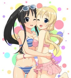 2girls bikini braid cameltoe cleavage eyewear_on_head hugging k-on! k10k long_hair looking_at_viewer mio_akiyama_(k-on!) open_mouth presenting squeezing squeezing_breast sunglasses sunglasses_on_head swimsuits symmetrical_docking tagme tsumugi_kotobuki_(k-on!) twintails yuri