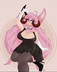 big_breasts black_dress dress fan_character handwear high_heels horns kittyq long_gloves maria_rose_(kittyq) original_character pink_body pink_eyes pink_fur pink_hair sonic_(series) sonic_oc stockings