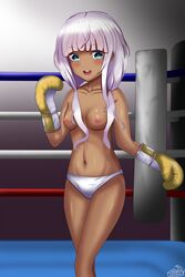 blush boxing boxing_gloves boxing_ring breasts danganronpa danganronpa_v3 dark-skinned_female dark_skin dark_yellow_boxing_gloves dark_yellow_gloves female female_only gloves medium_breasts new_danganronpa_v3 nipples open_mouth straight_hair topless underwear white_hair yonaga_angie