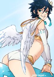 angel_wings ass boy_on_top femboy genshin_impact god green_eyes joltikon looking_at_viewer male male_only shorts slime slime_(genshin_impact) solo trap venti_(genshin_impact)