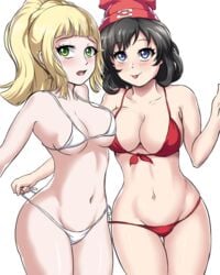 2girls :p alternate_hairstyle bikini black_hair blonde_hair blue_eyes bra breasts clothed female female_only green_eyes hat human leonart lillie_(pokemon) long_hair medium_hair nintendo panties pokemon pokemon_sm red_bikini selene_(pokemon) standing thighs underwear white_background white_bikini yuri