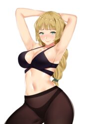 1girls abiboge alternate_costume arms_behind_head black_panties blonde_hair blush braid braided_ponytail female_only fire_emblem fire_emblem:_three_houses green_eyes ingrid_brandl_galatea leggings nintendo panties panties_under_pantyhose pantyhose ponytail see-through solo underwear yoga_pants